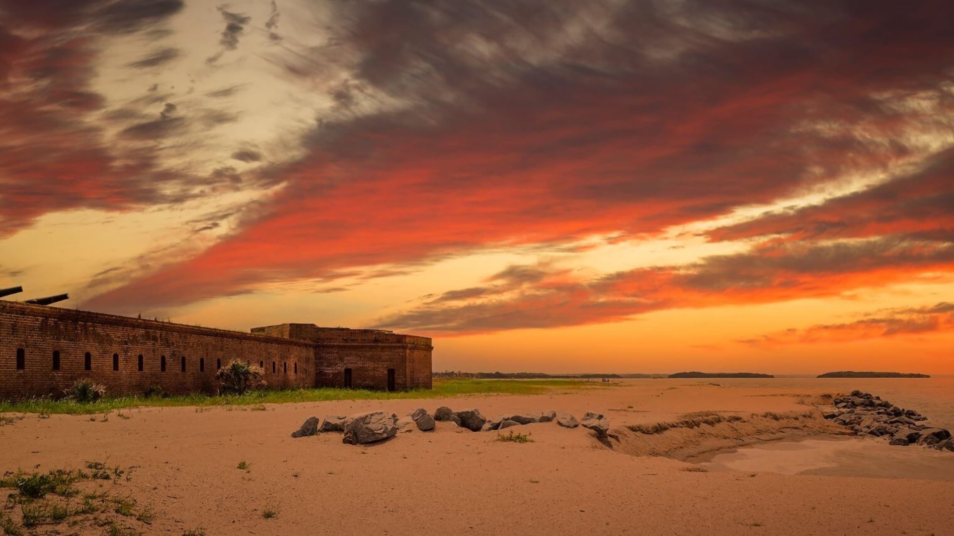 Old fort near a beach at dusk