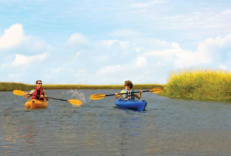 Two people kayaking on the water