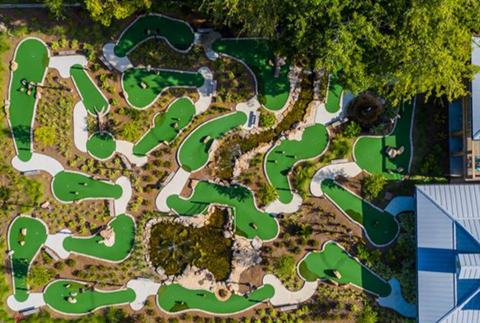 Aerial view of an 18-hole mini golf course