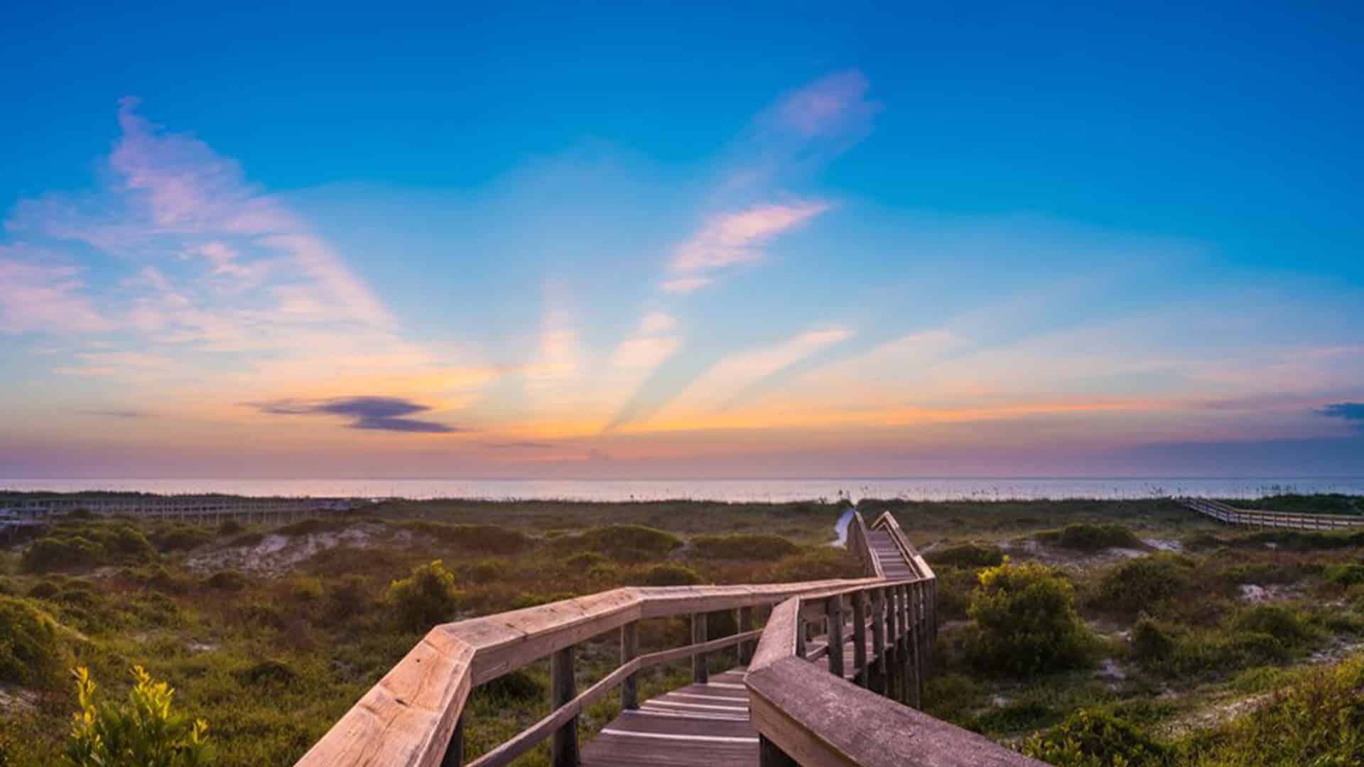Long wooden walkway through green shrubs to the beach with water and setting sun in the background