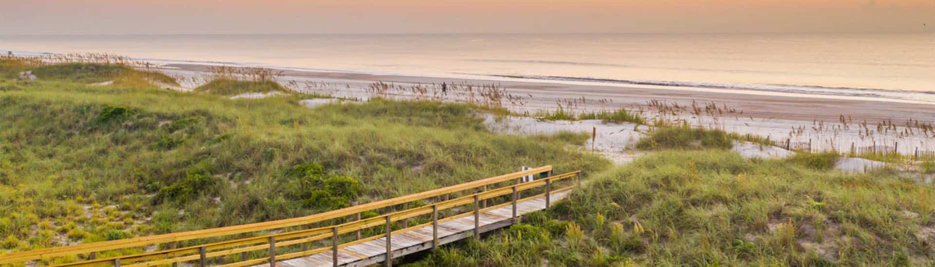 Wooden walkway through green shrubs and grass to the beach with soft rolling waves in the background